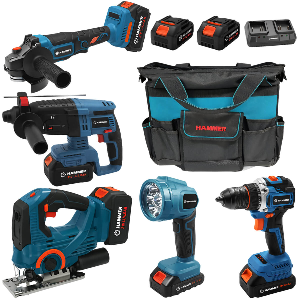 Set de scule fara fir de lux Hammer - 9 piese in valiza